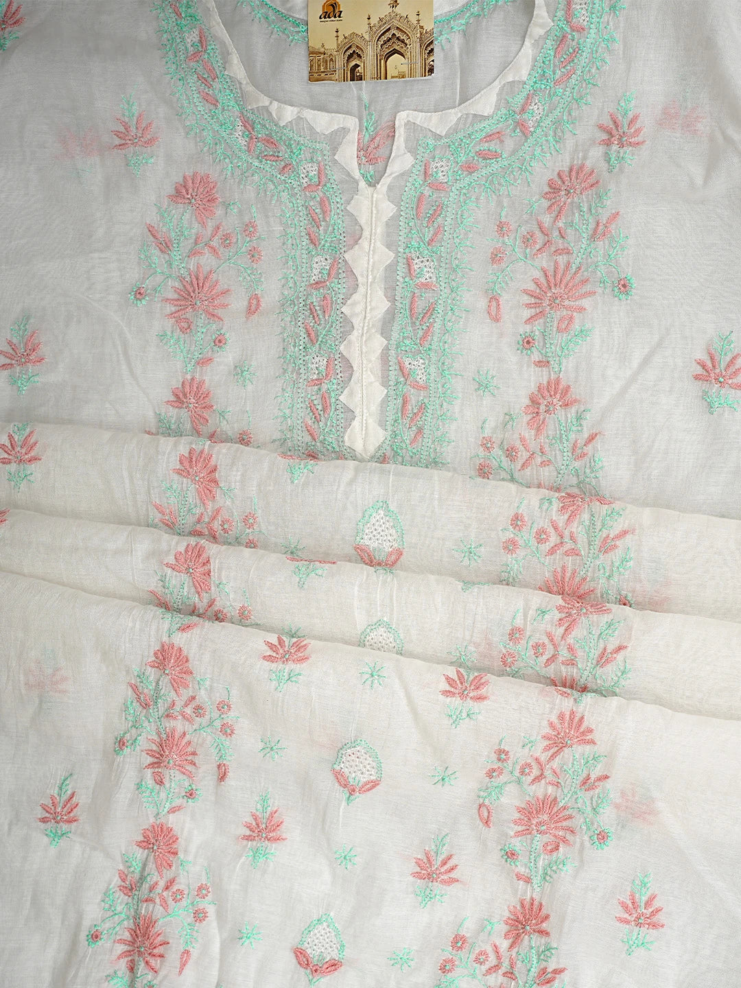 Ada Hand Embroidered Floral Whte Chanderi Lucknowi Chikankari Semi-Stitched Kurta Dupatta Set 01A943653