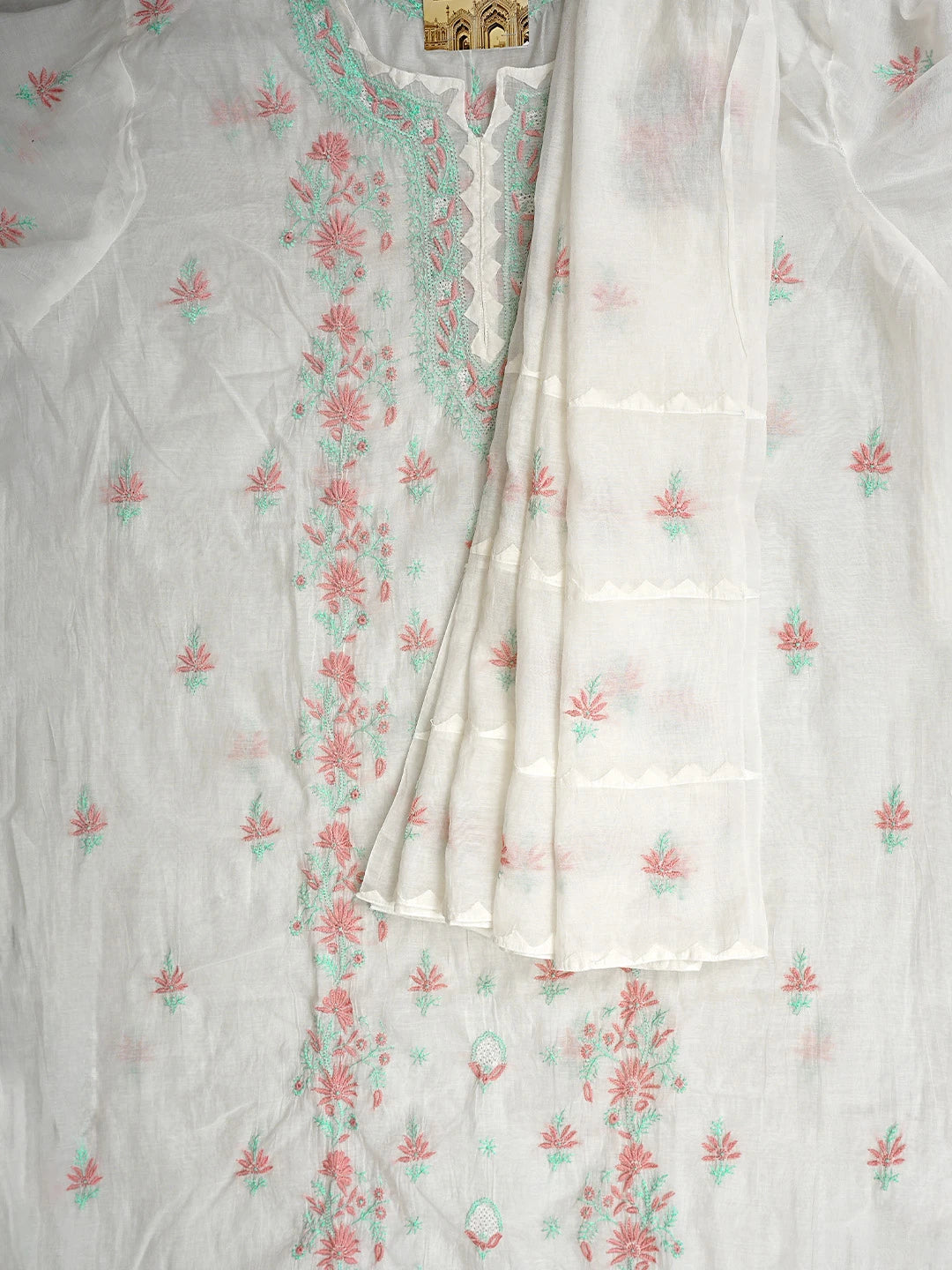Ada Hand Embroidered Floral Whte Chanderi Lucknowi Chikankari Semi-Stitched Kurta Dupatta Set 01A943653