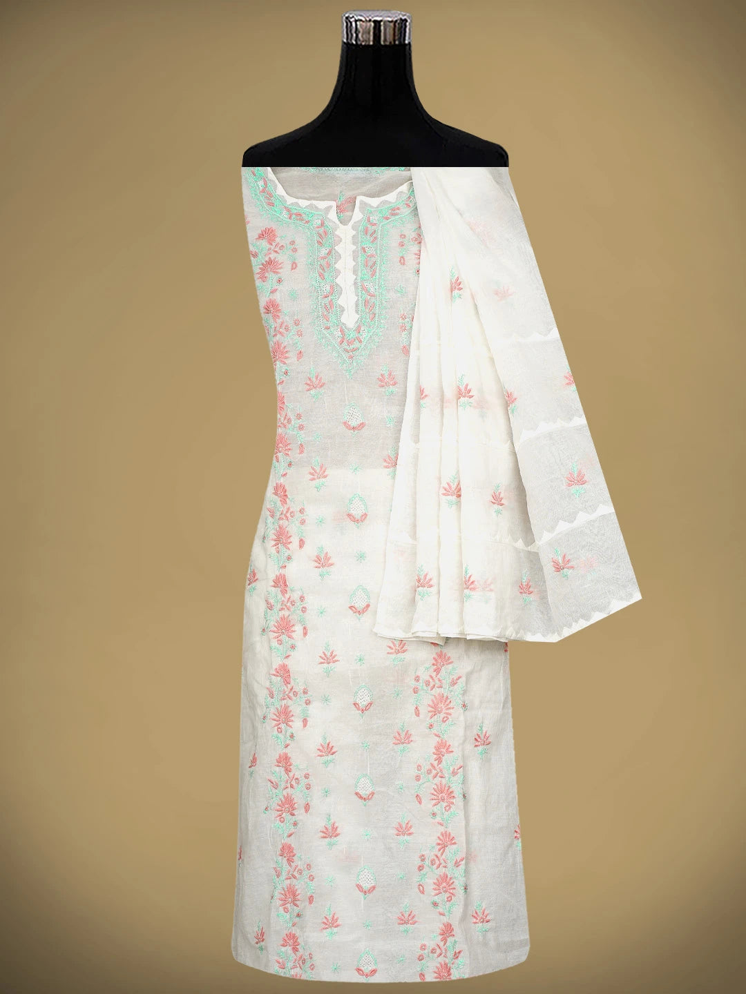 Ada Hand Embroidered Floral Whte Chanderi Lucknowi Chikankari Semi-Stitched Kurta Dupatta Set 01A943653