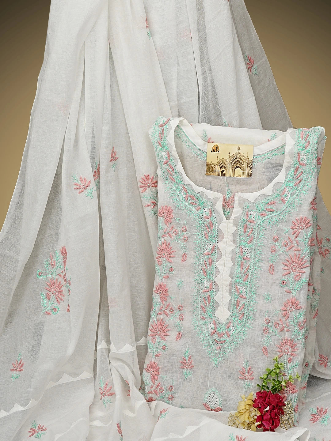 Ada Hand Embroidered Floral Whte Chanderi Lucknowi Chikankari Semi-Stitched Kurta Dupatta Set 01A943653