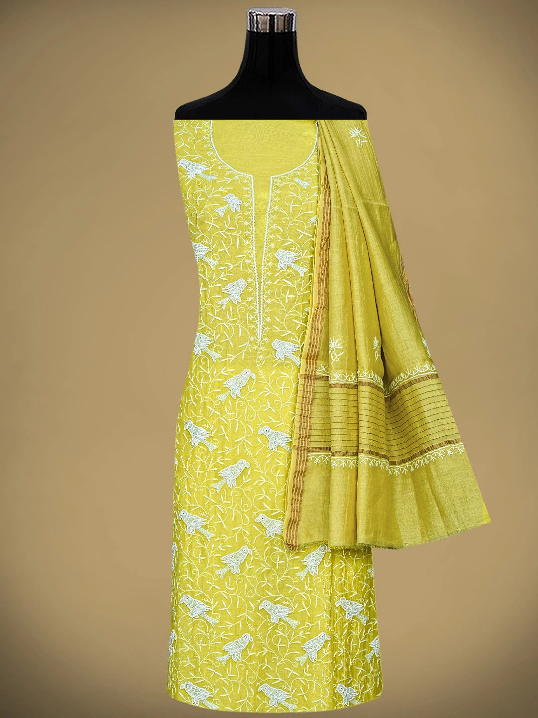 Ada Hand Embroidered Lime Green Chanderi Lucknowi Chikankari Unstitched Kurta Dupatta Set With Cutdana Work 01A818459