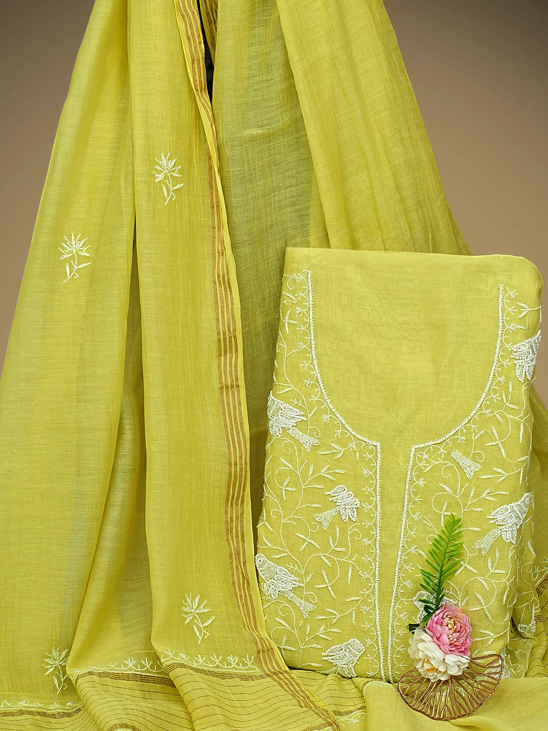 Ada Hand Embroidered Lime Green Chanderi Lucknowi Chikankari Unstitched Kurta Dupatta Set With Cutdana Work 01A818459