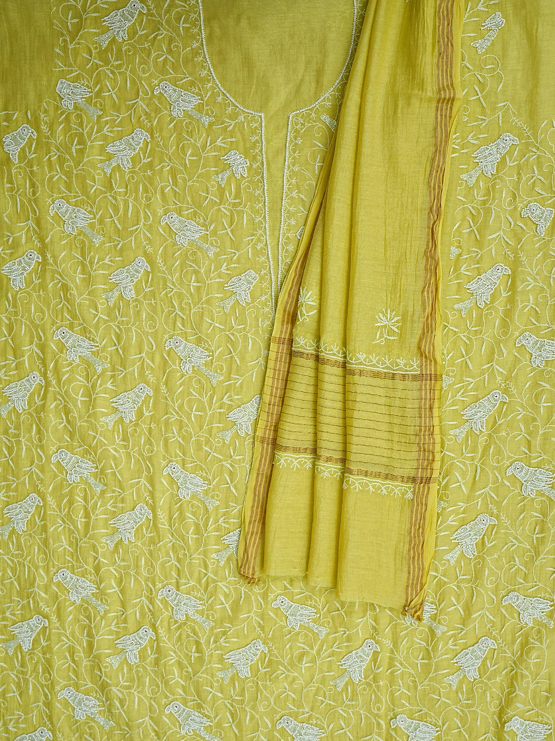Ada Hand Embroidered Lime Green Chanderi Lucknowi Chikankari Unstitched Kurta Dupatta Set With Cutdana Work 01A818459