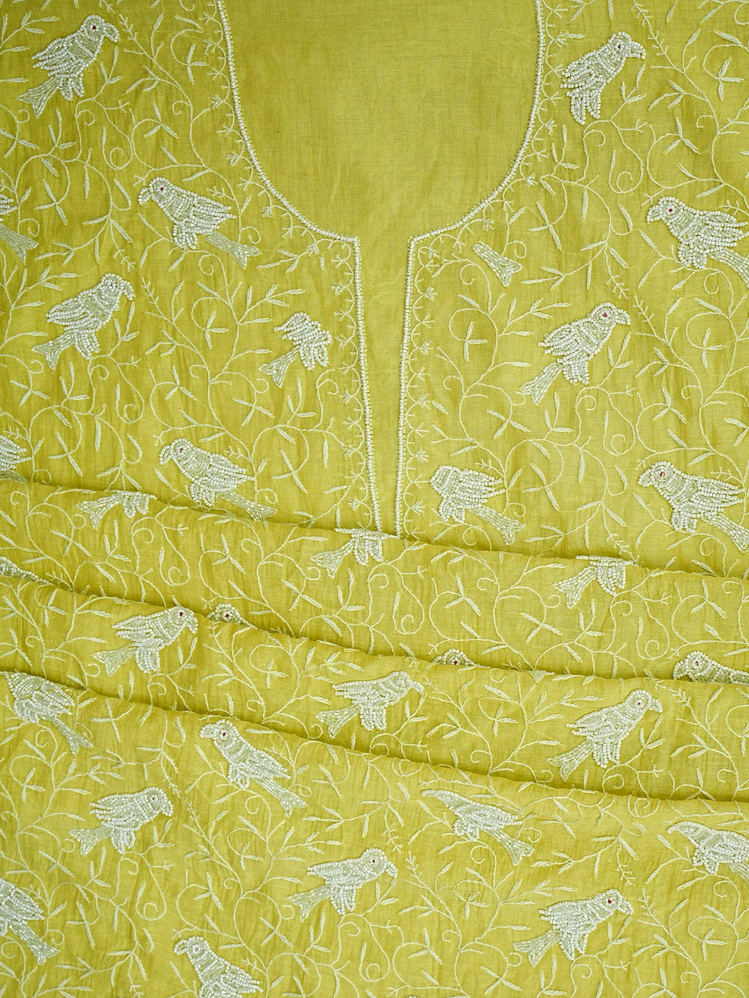 Ada Hand Embroidered Lime Green Chanderi Lucknowi Chikankari Unstitched Kurta Dupatta Set With Cutdana Work 01A818459