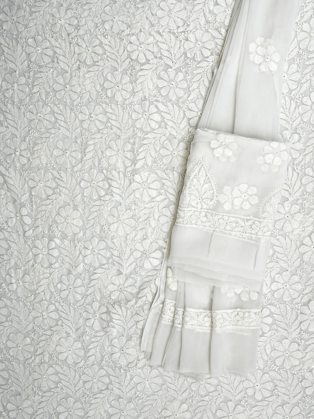 Ada Hand Embroidered White Faux Georgette Lucknowi Chikankari Unstitched Suit Piece 01A509151