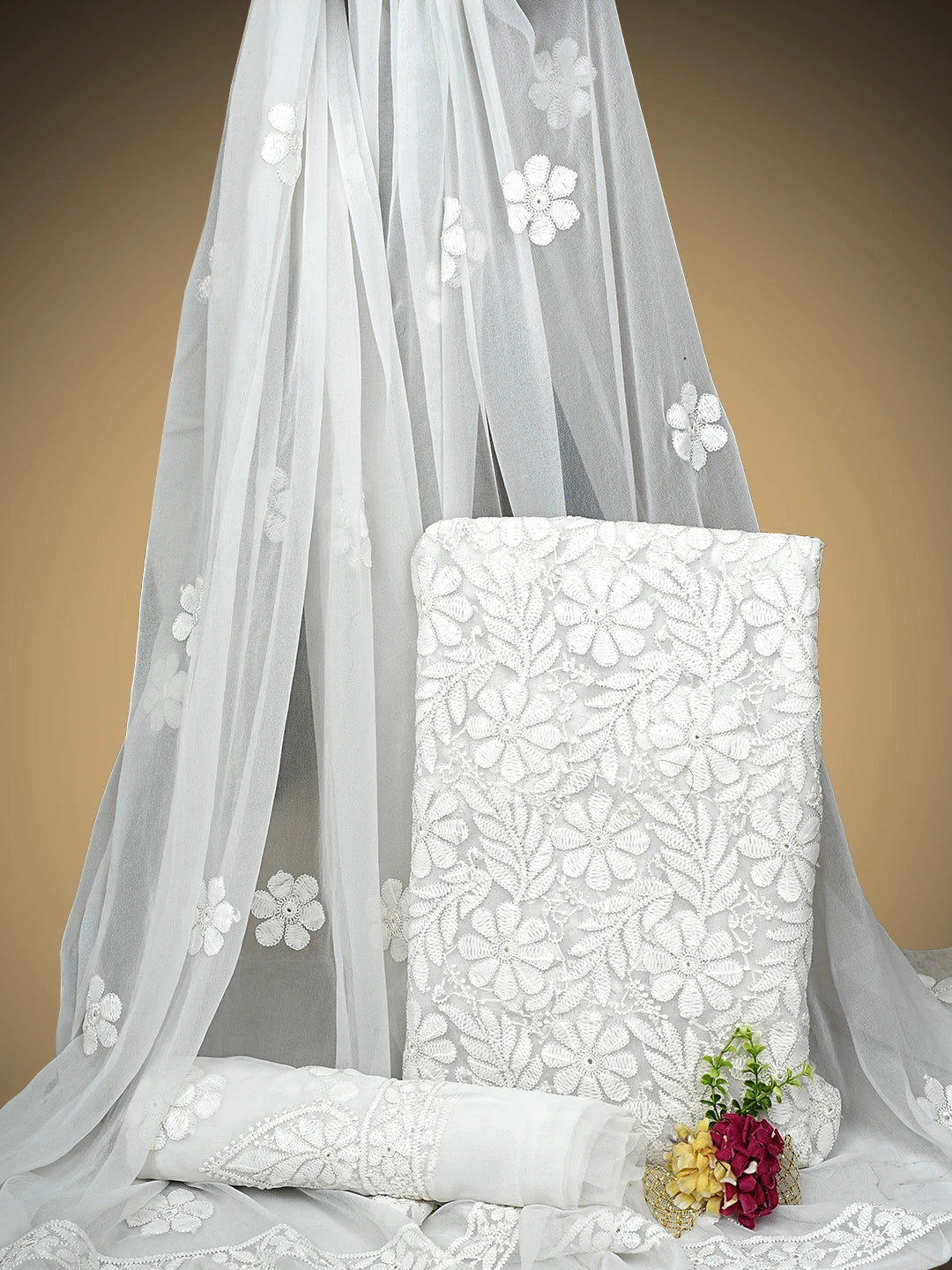 Ada Hand Embroidered White Faux Georgette Lucknowi Chikankari Unstitched Suit Piece 01A509151