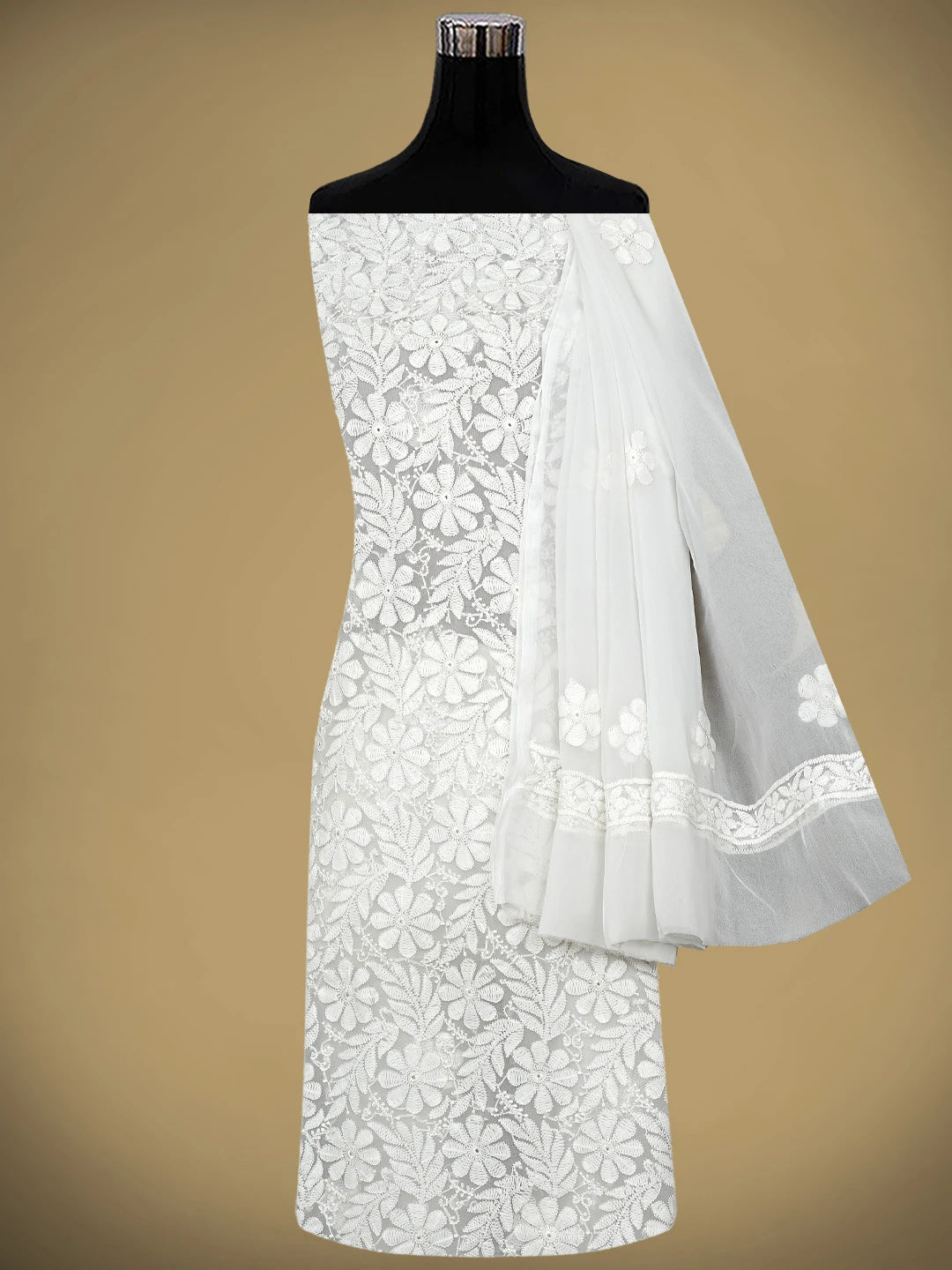 Ada Hand Embroidered White Faux Georgette Lucknowi Chikankari Unstitched Suit Piece 01A509151