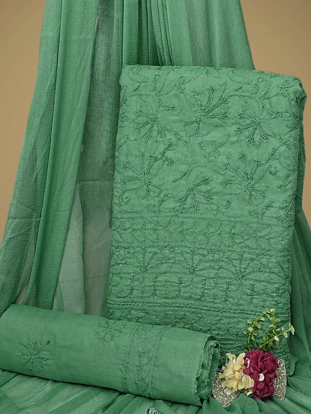 Ada Hand Embroidered Teal Green Cotton Lucknowi Chikankari Unstitched Suit Piece 01A771693