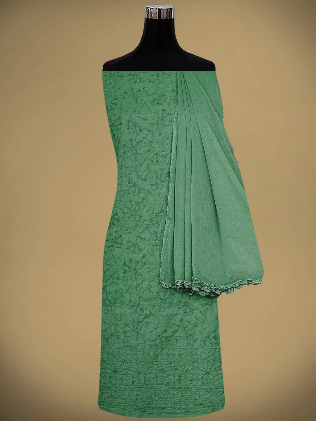 Ada Hand Embroidered Teal Green Cotton Lucknowi Chikankari Unstitched Suit Piece 01A771693
