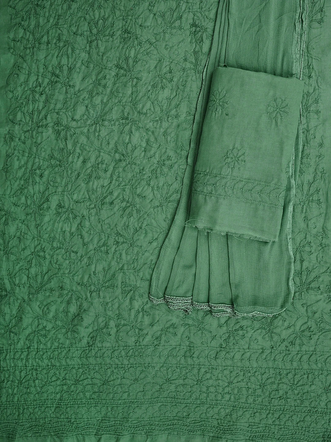Ada Hand Embroidered Teal Green Cotton Lucknowi Chikankari Unstitched Suit Piece 01A771693