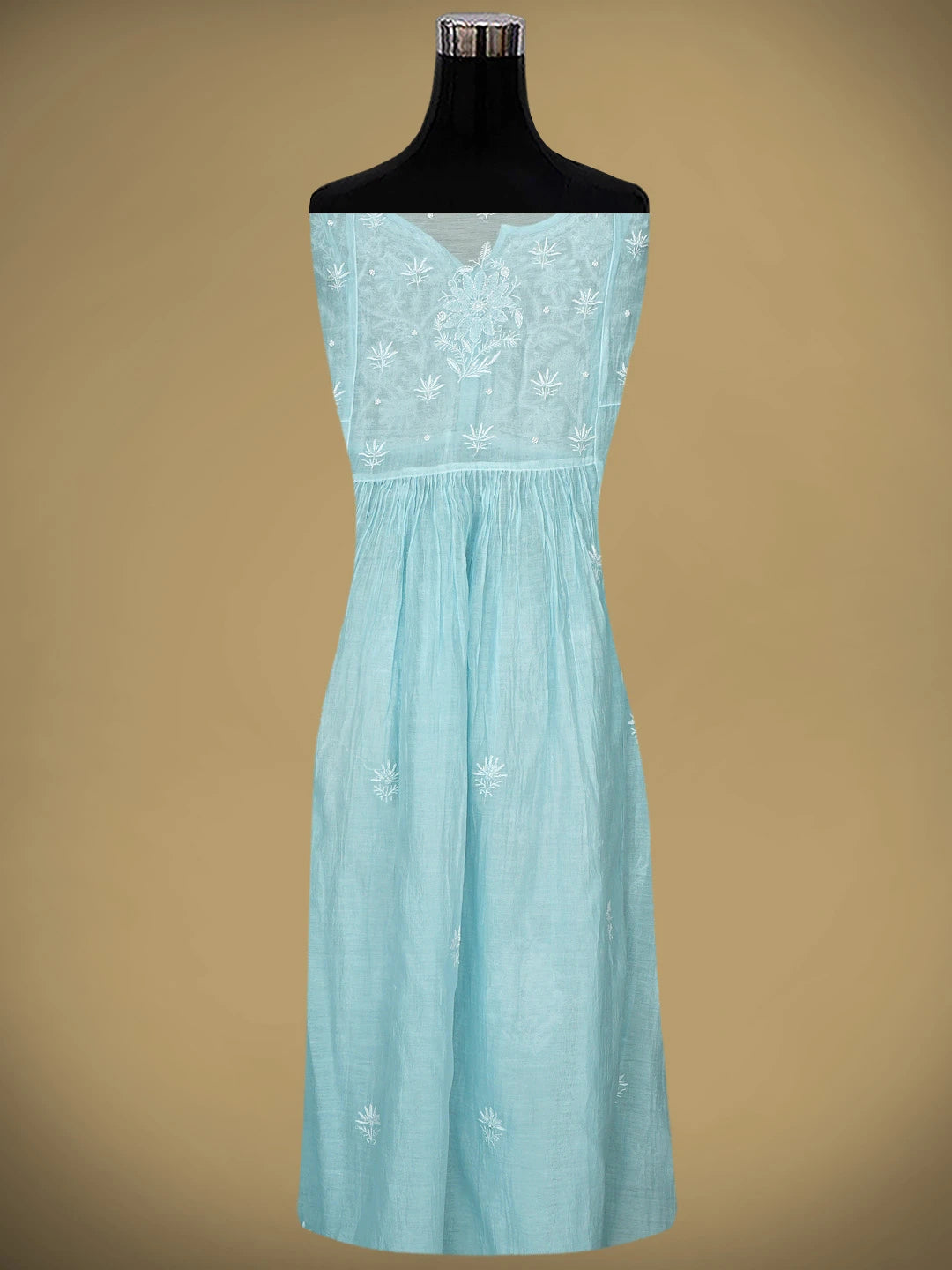 Ada Hand Embroidered Light Blue Chanderi Lucknowi Chikankari Semi Stitched A-Line Kurta Dupatta Set with Cutdana Work 01A957098
