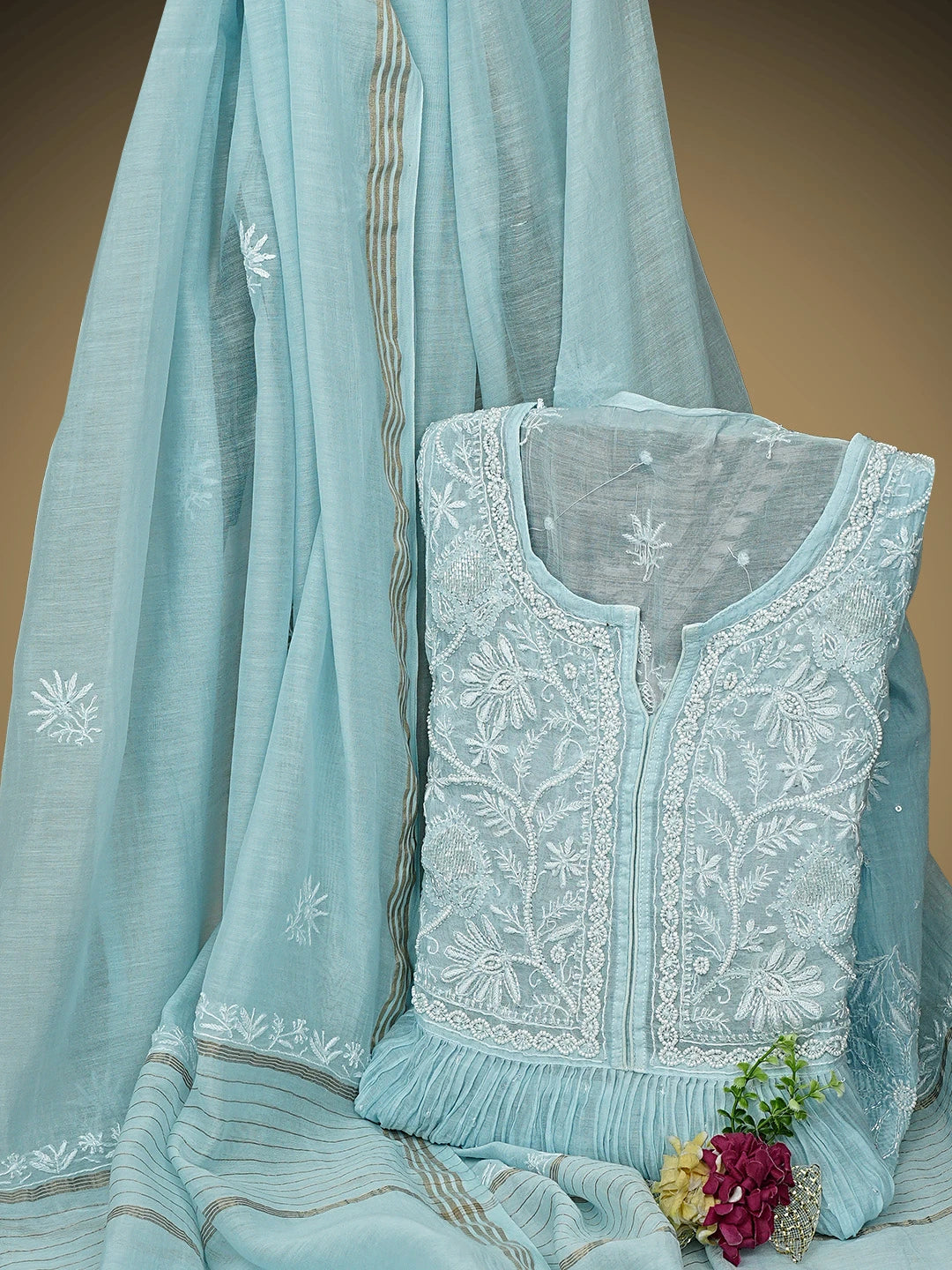 Ada Hand Embroidered Light Blue Chanderi Lucknowi Chikankari Semi Stitched A-Line Kurta Dupatta Set with Cutdana Work 01A957098