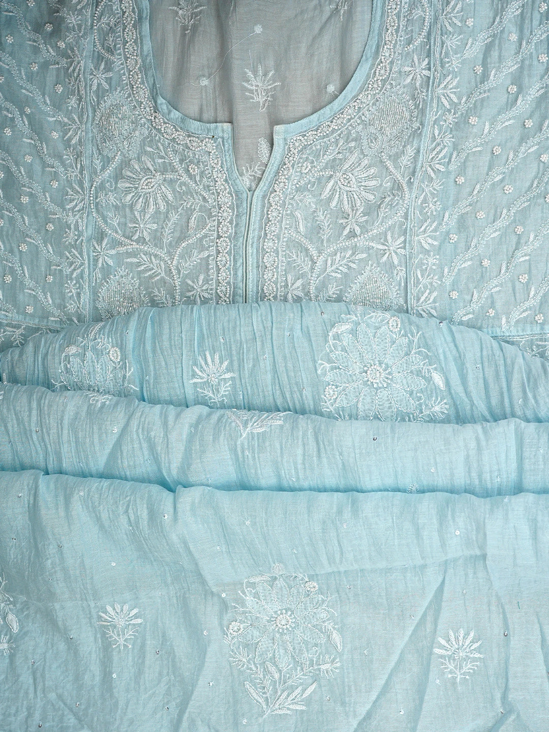 Ada Hand Embroidered Light Blue Chanderi Lucknowi Chikankari Semi Stitched A-Line Kurta Dupatta Set with Cutdana Work 01A957098