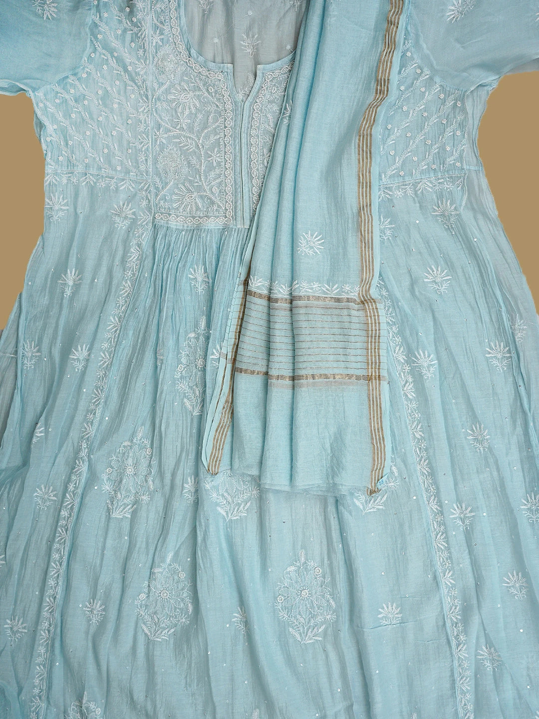 Ada Hand Embroidered Light Blue Chanderi Lucknowi Chikankari Semi Stitched A-Line Kurta Dupatta Set with Cutdana Work 01A957098