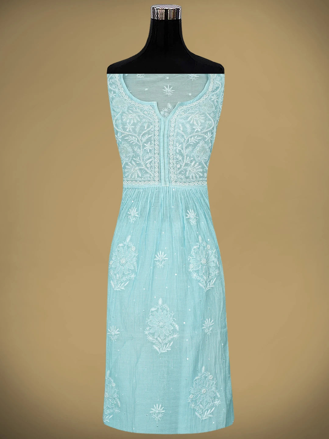 Ada Hand Embroidered Light Blue Chanderi Lucknowi Chikankari Semi Stitched A-Line Kurta Dupatta Set with Cutdana Work 01A957098