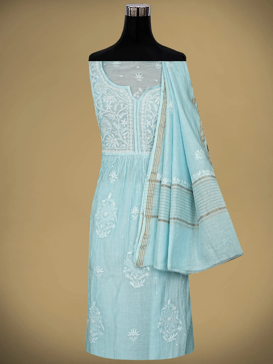Ada Hand Embroidered Light Blue Chanderi Lucknowi Chikankari Semi Stitched A-Line Kurta Dupatta Set with Cutdana Work 01A957098