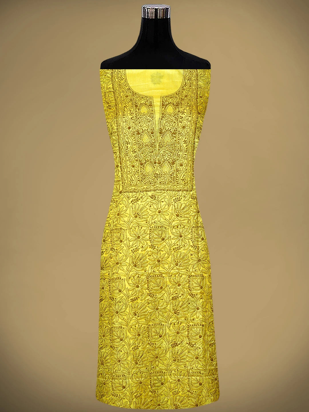 Ada Hand Embroidered Yellow Silk Lucknowi Chikankari Unstitched Suit Piece 01A965323