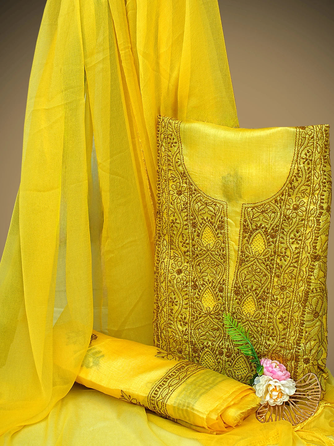 Ada Hand Embroidered Yellow Silk Lucknowi Chikankari Unstitched Suit Piece 01A965323