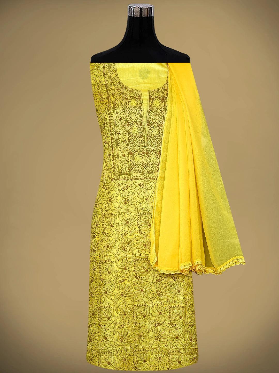 Ada Hand Embroidered Yellow Silk Lucknowi Chikankari Unstitched Suit Piece 01A965323