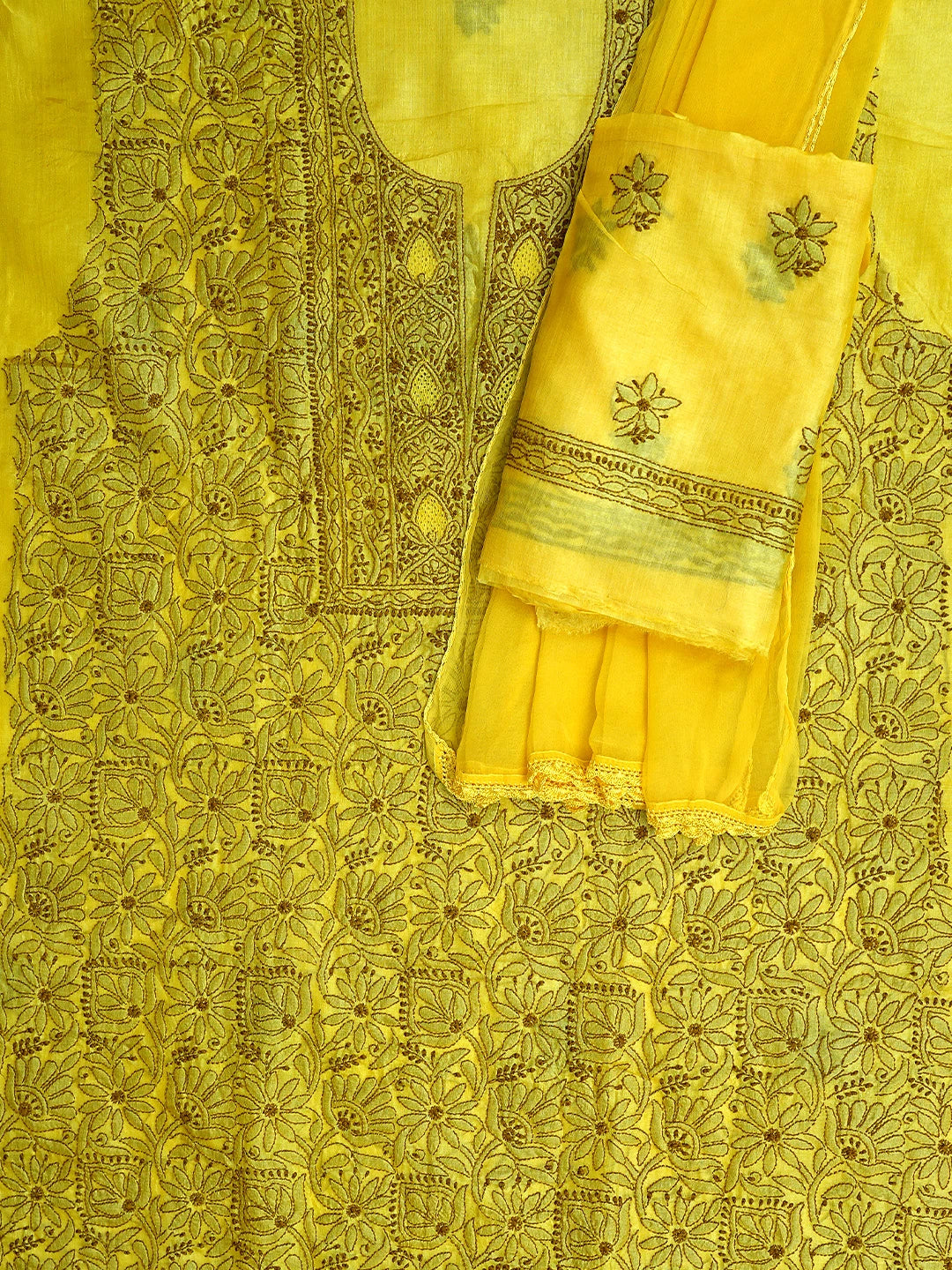 Ada Hand Embroidered Yellow Silk Lucknowi Chikankari Unstitched Suit Piece 01A965323