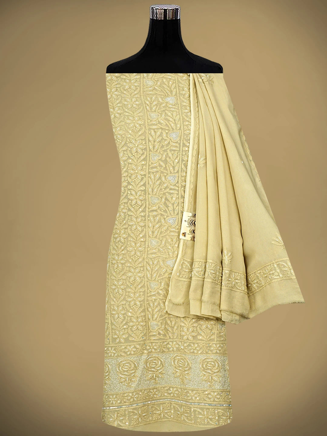 Ada Hand Embroidered Sand Brown Viscose Groegette lucknowi Chikankari Unstitched Kurta Dupatta Set With Zari Work 01A957743
