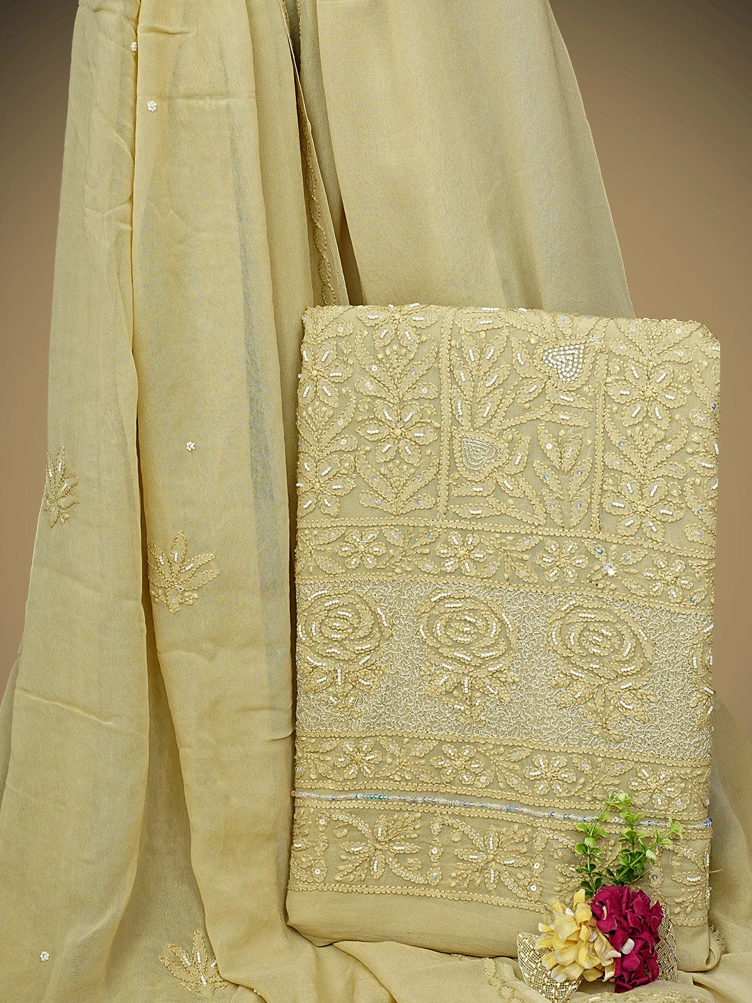 Ada Hand Embroidered Sand Brown Viscose Groegette lucknowi Chikankari Unstitched Kurta Dupatta Set With Zari Work 01A957743
