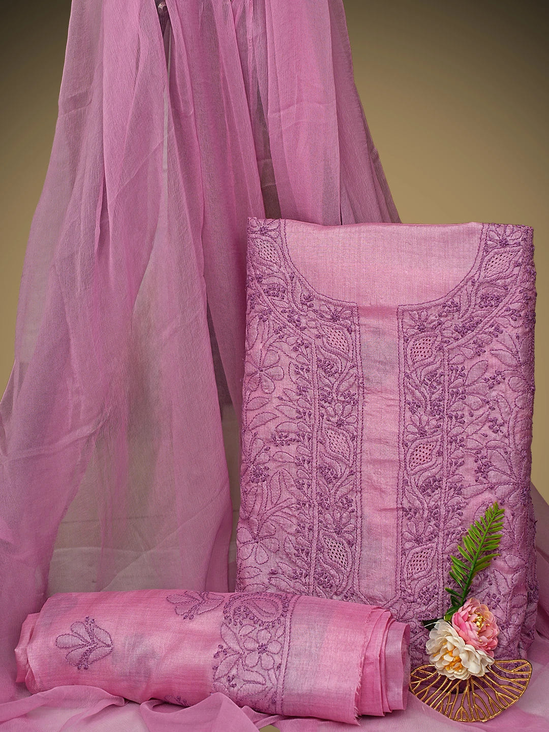 Ada Hand Embroidered Taffy Pink Silk Lucknowi Chikankari Unstitched Suit Piece 01A965514