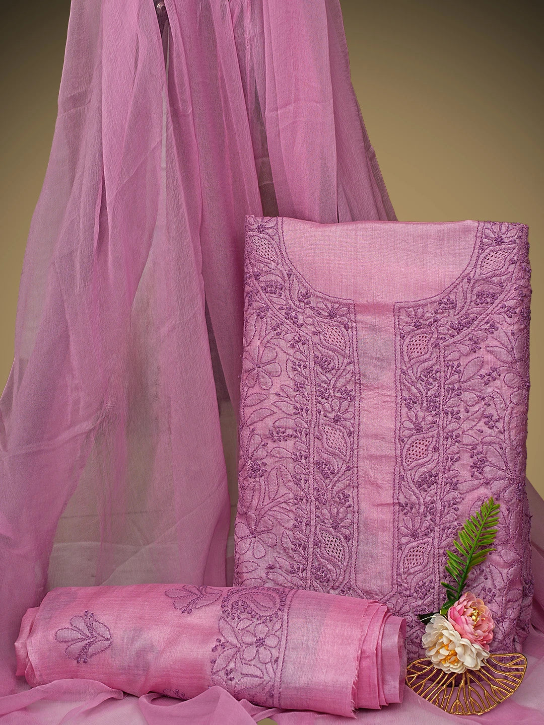 Ada Hand Embroidered Taffy Pink Silk Lucknowi Chikankari Unstitched Suit Piece 01A965514