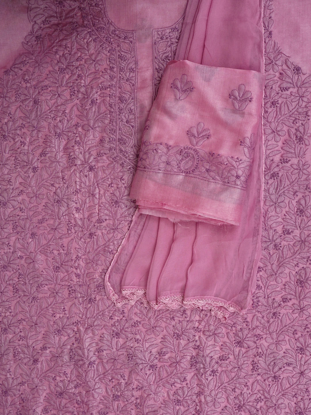 Ada Hand Embroidered Taffy Pink Silk Lucknowi Chikankari Unstitched Suit Piece 01A965514
