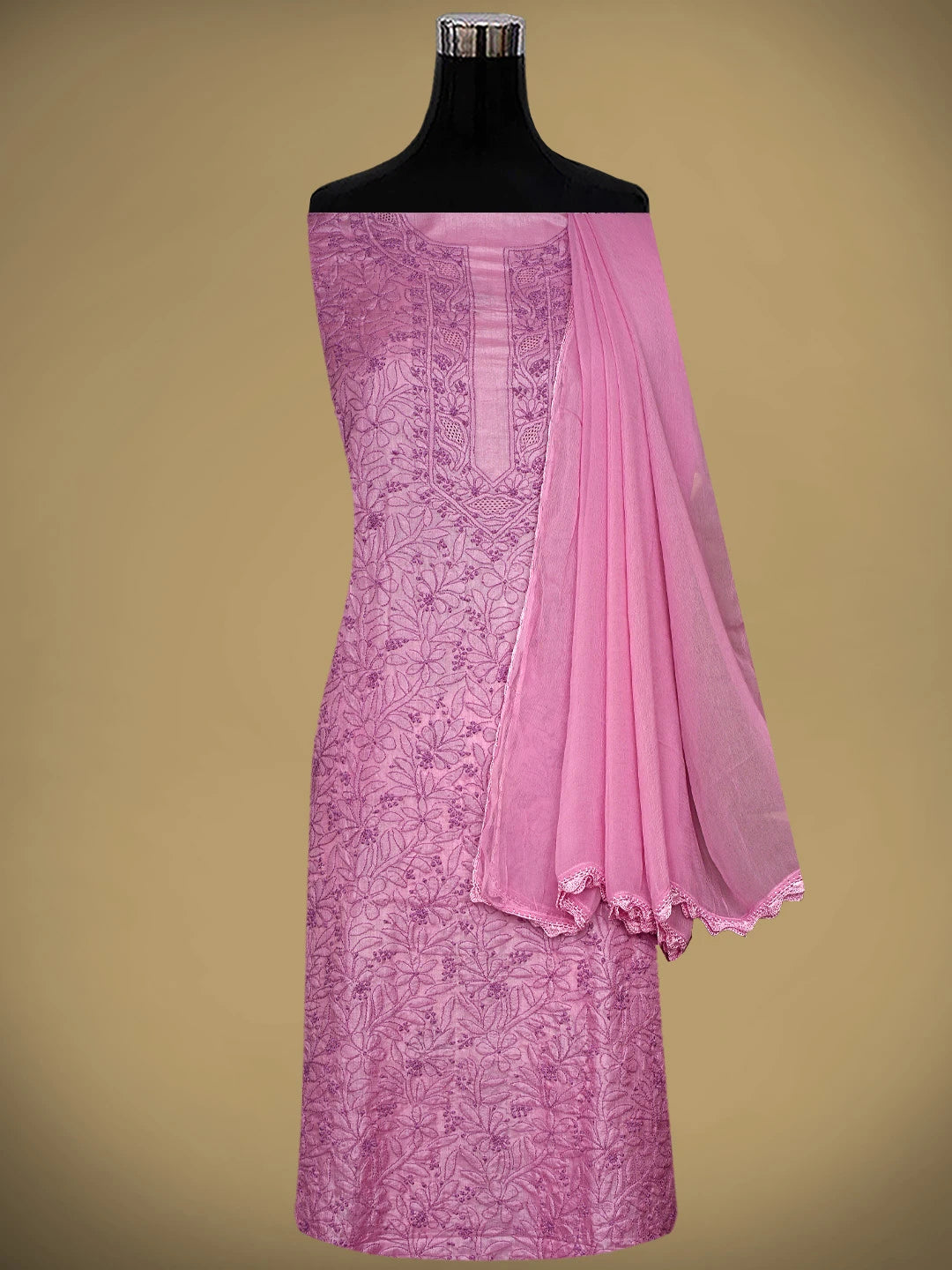 Ada Hand Embroidered Taffy Pink Silk Lucknowi Chikankari Unstitched Suit Piece 01A965514
