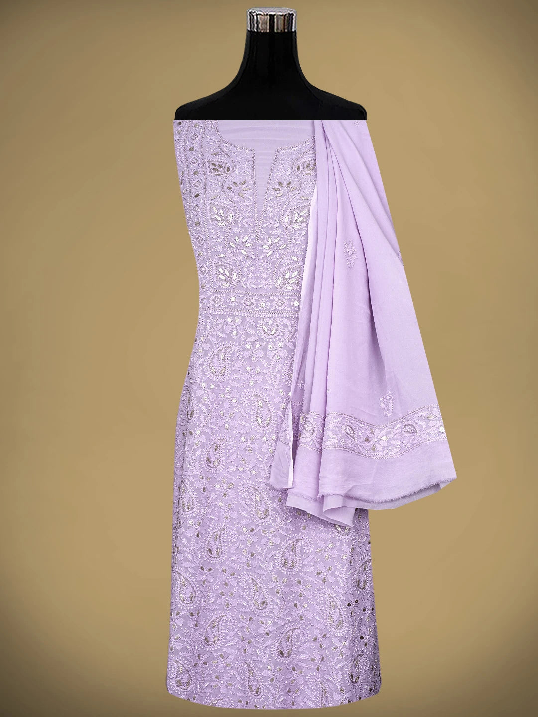 Ada Hand Embroidered Lavender Viscose Groegette lucknowi Chikankari Unstitched Kurta Dupatta Set With Gota Patti Work 01A962553