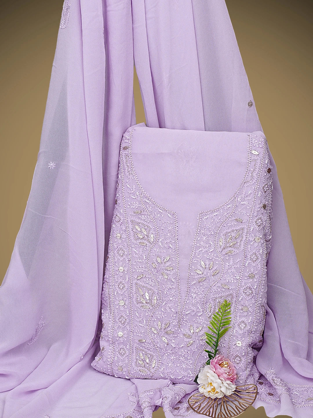 Ada Hand Embroidered Lavender Viscose Groegette lucknowi Chikankari Unstitched Kurta Dupatta Set With Gota Patti Work 01A962553