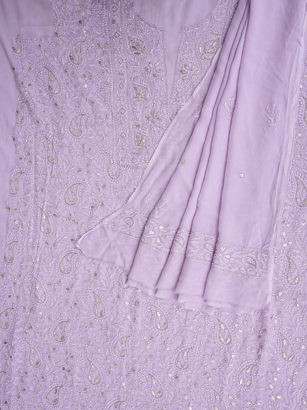 Ada Hand Embroidered Lavender Viscose Groegette lucknowi Chikankari Unstitched Kurta Dupatta Set With Gota Patti Work 01A962553