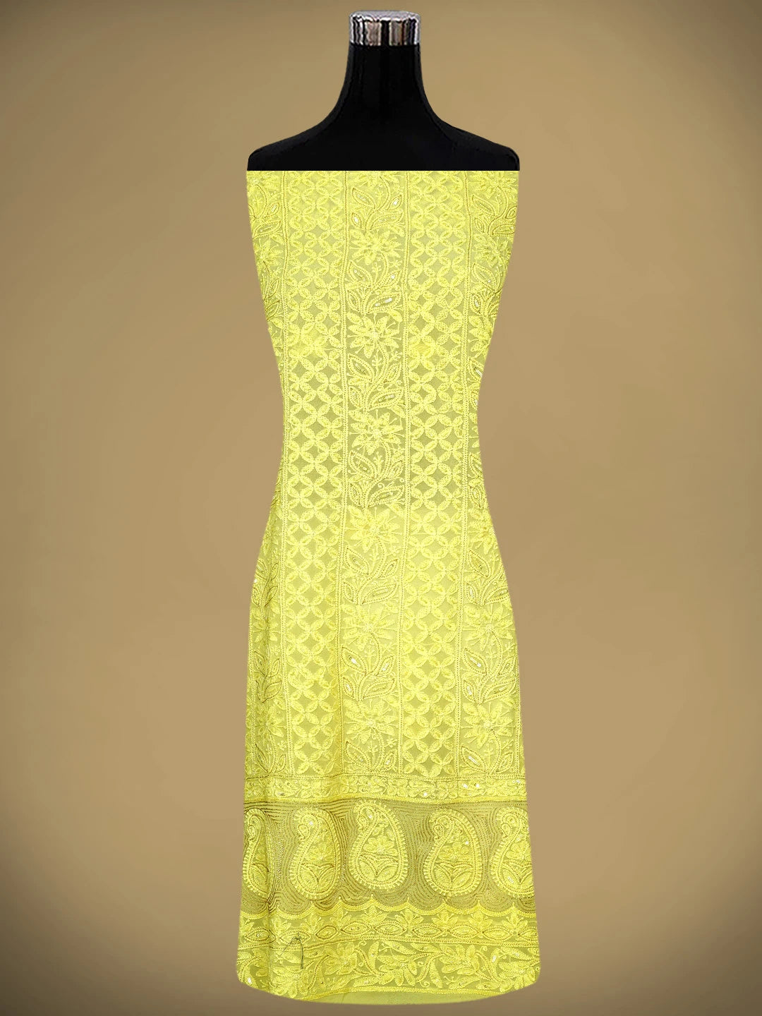 Ada Hand Embroidered Lemon Viscose Groegette lucknowi Chikankari Unstitched Kurta Dupatta Set With Zari Work 01A795848