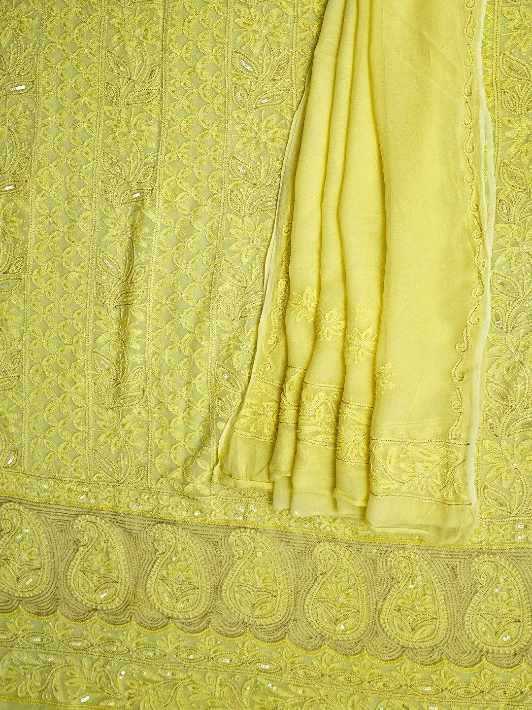 Ada Hand Embroidered Lemon Viscose Groegette lucknowi Chikankari Unstitched Kurta Dupatta Set With Zari Work 01A795848