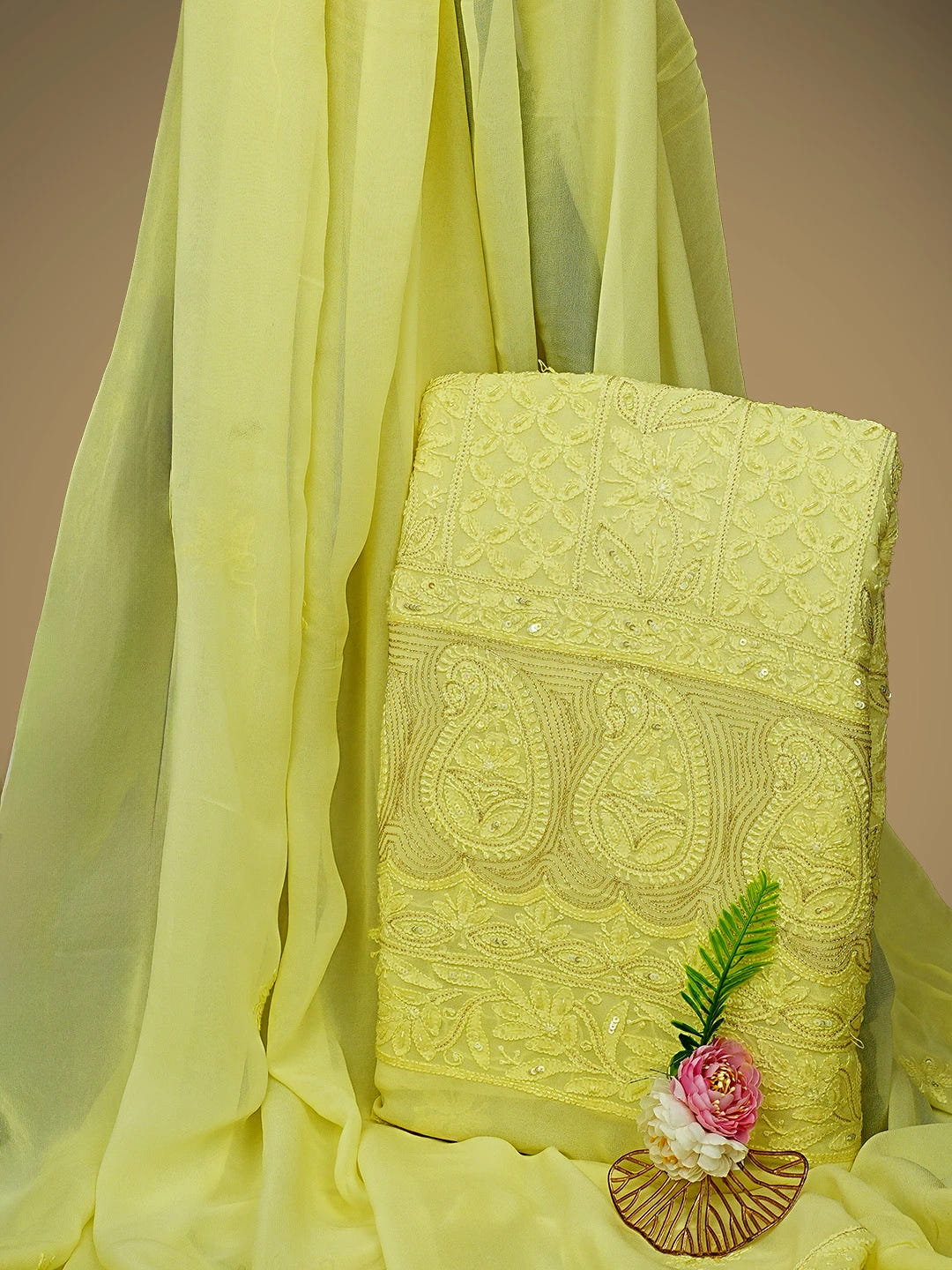 Ada Hand Embroidered Lemon Viscose Groegette lucknowi Chikankari Unstitched Kurta Dupatta Set With Zari Work 01A795848