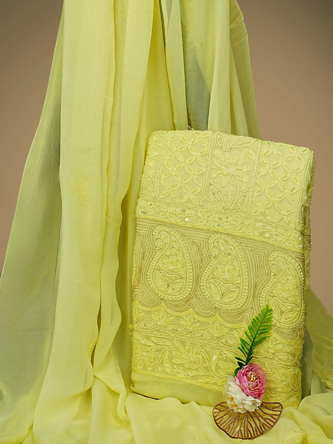 Ada Hand Embroidered Lemon Viscose Groegette lucknowi Chikankari Unstitched Kurta Dupatta Set With Zari Work 01A795848