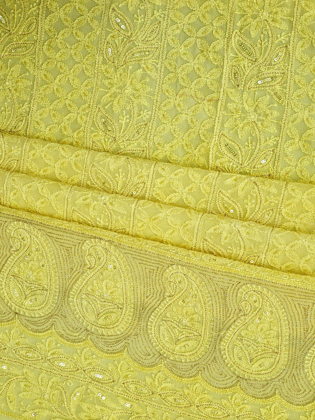 Ada Hand Embroidered Lemon Viscose Groegette lucknowi Chikankari Unstitched Kurta Dupatta Set With Zari Work 01A795848