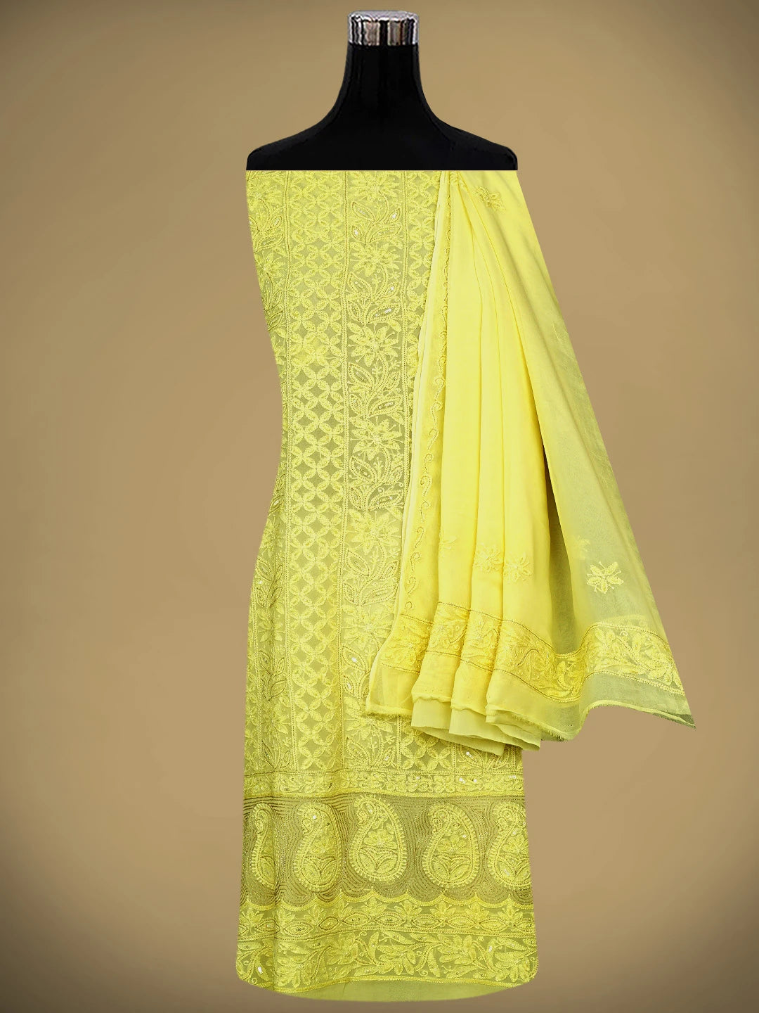 Ada Hand Embroidered Lemon Viscose Groegette lucknowi Chikankari Unstitched Kurta Dupatta Set With Zari Work 01A795848