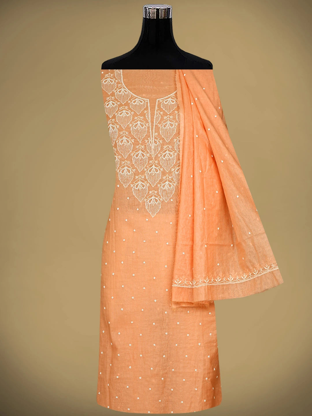 Ada Hand Embroidered Coral Peach Chanderi Lucknowi Chikankari Unstitched Kurta Dupatta Set With Cutdana Work 01A911099