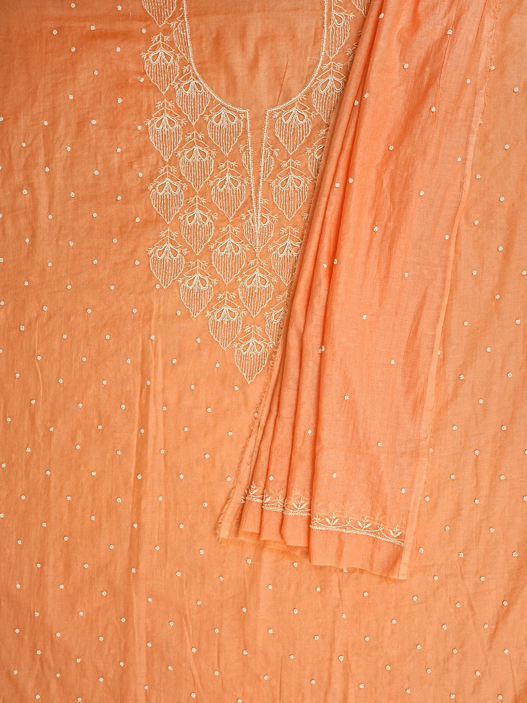Ada Hand Embroidered Coral Peach Chanderi Lucknowi Chikankari Unstitched Kurta Dupatta Set With Cutdana Work 01A911099