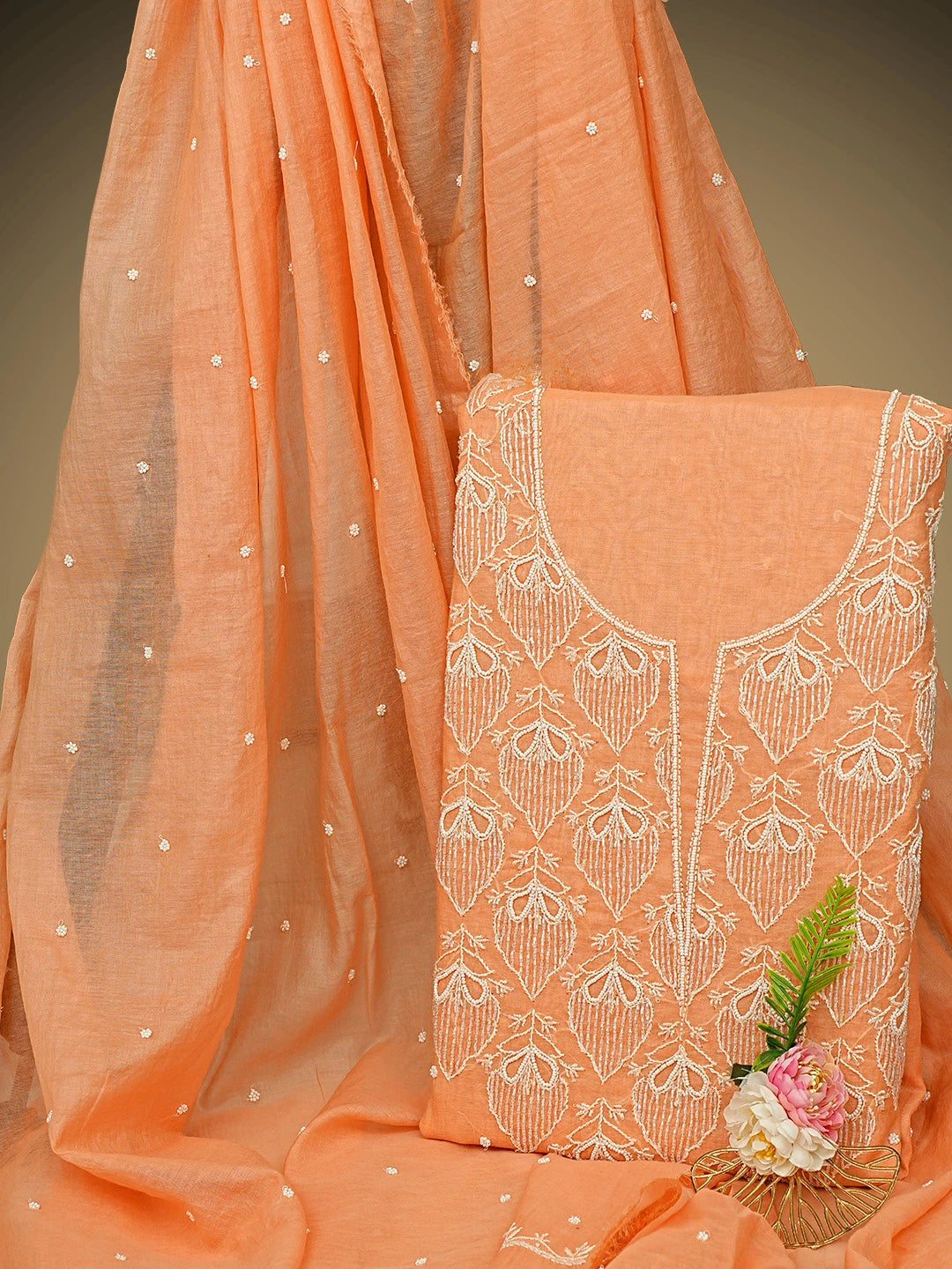 Ada Hand Embroidered Coral Peach Chanderi Lucknowi Chikankari Unstitched Kurta Dupatta Set With Cutdana Work 01A911099