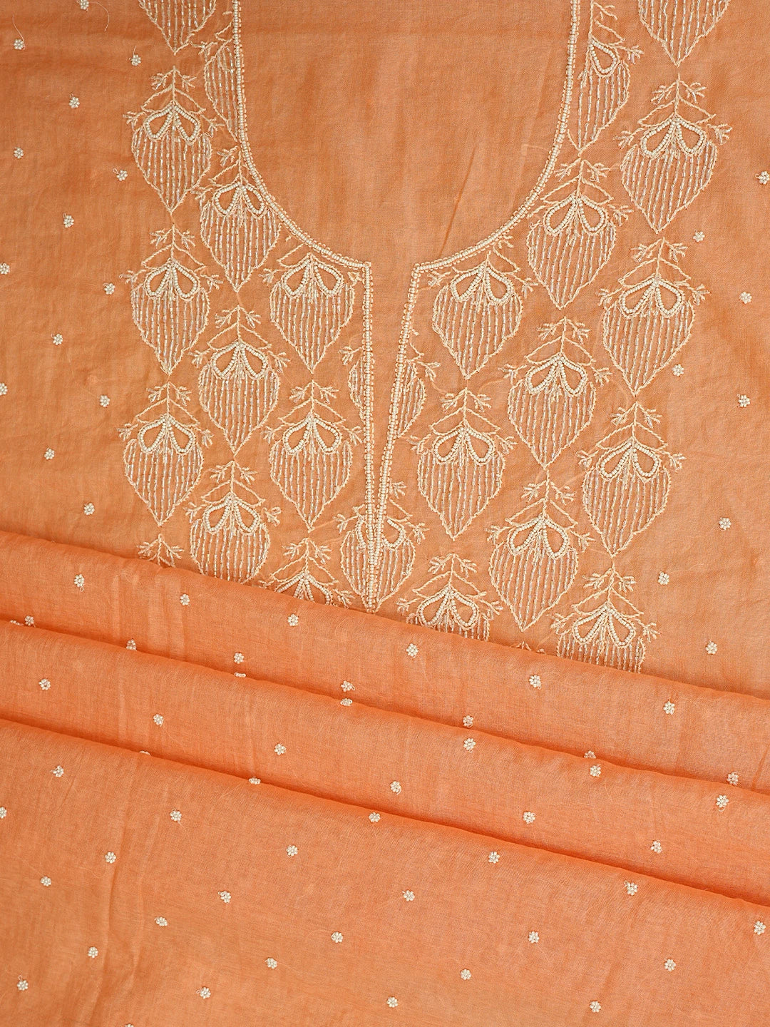Ada Hand Embroidered Coral Peach Chanderi Lucknowi Chikankari Unstitched Kurta Dupatta Set With Cutdana Work 01A911099