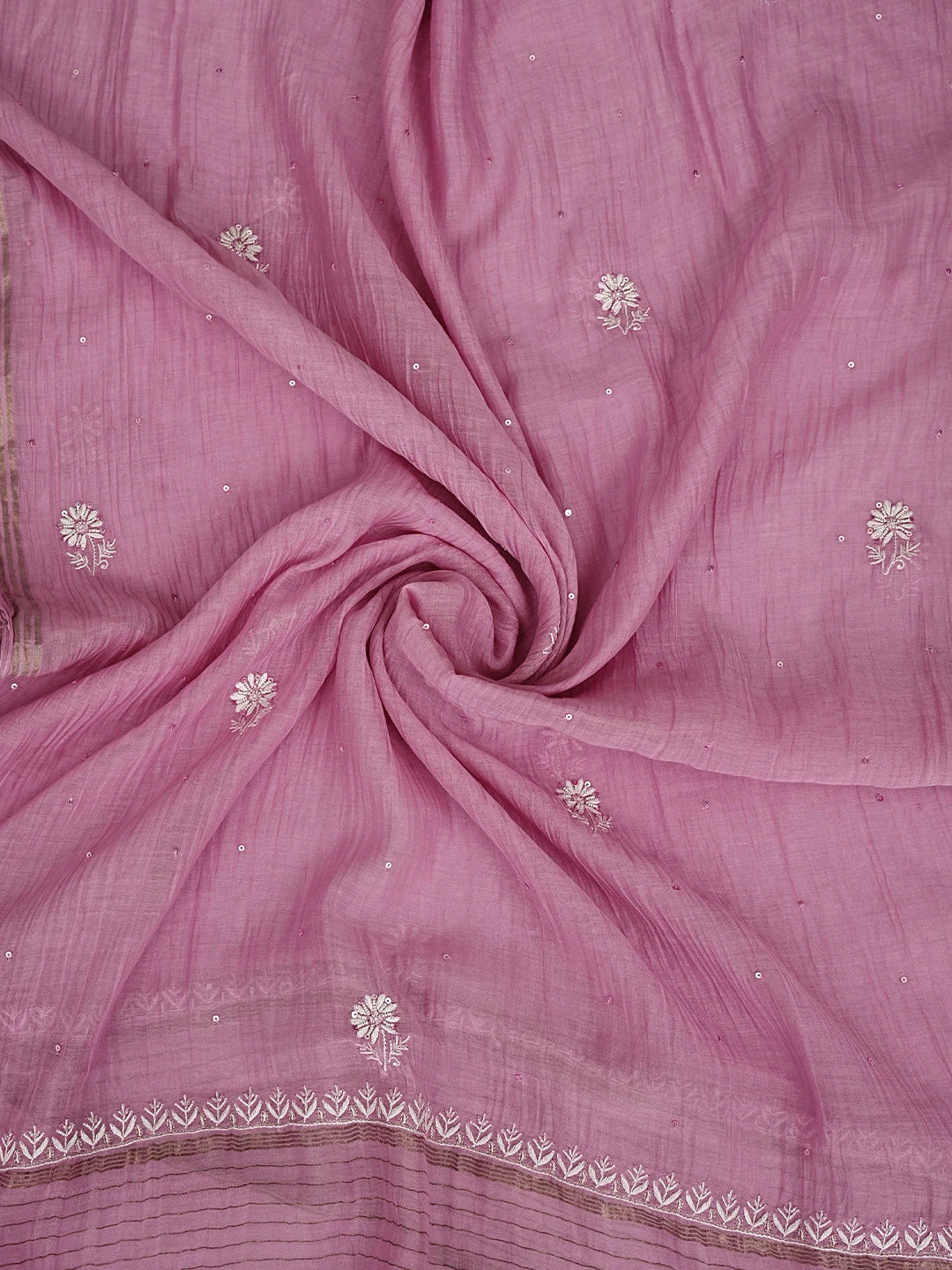 Ada Hand Embroidered Onion Pink Chanderi Lucknowi Chikankari Unstitched Kurta Dupatta Set With Cutdana Work 01A805751