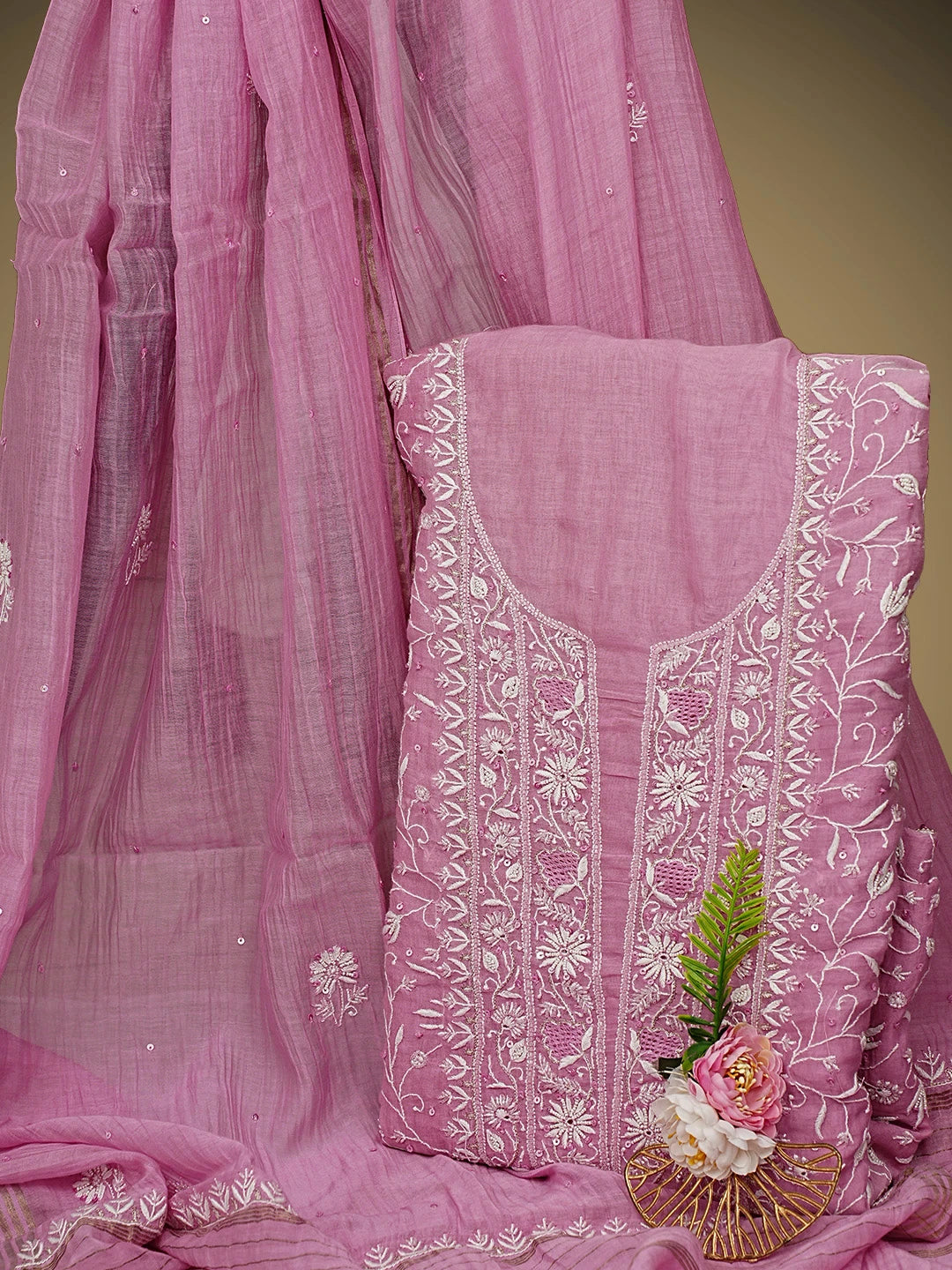 Ada Hand Embroidered Onion Pink Chanderi Lucknowi Chikankari Unstitched Kurta Dupatta Set With Cutdana Work 01A805751