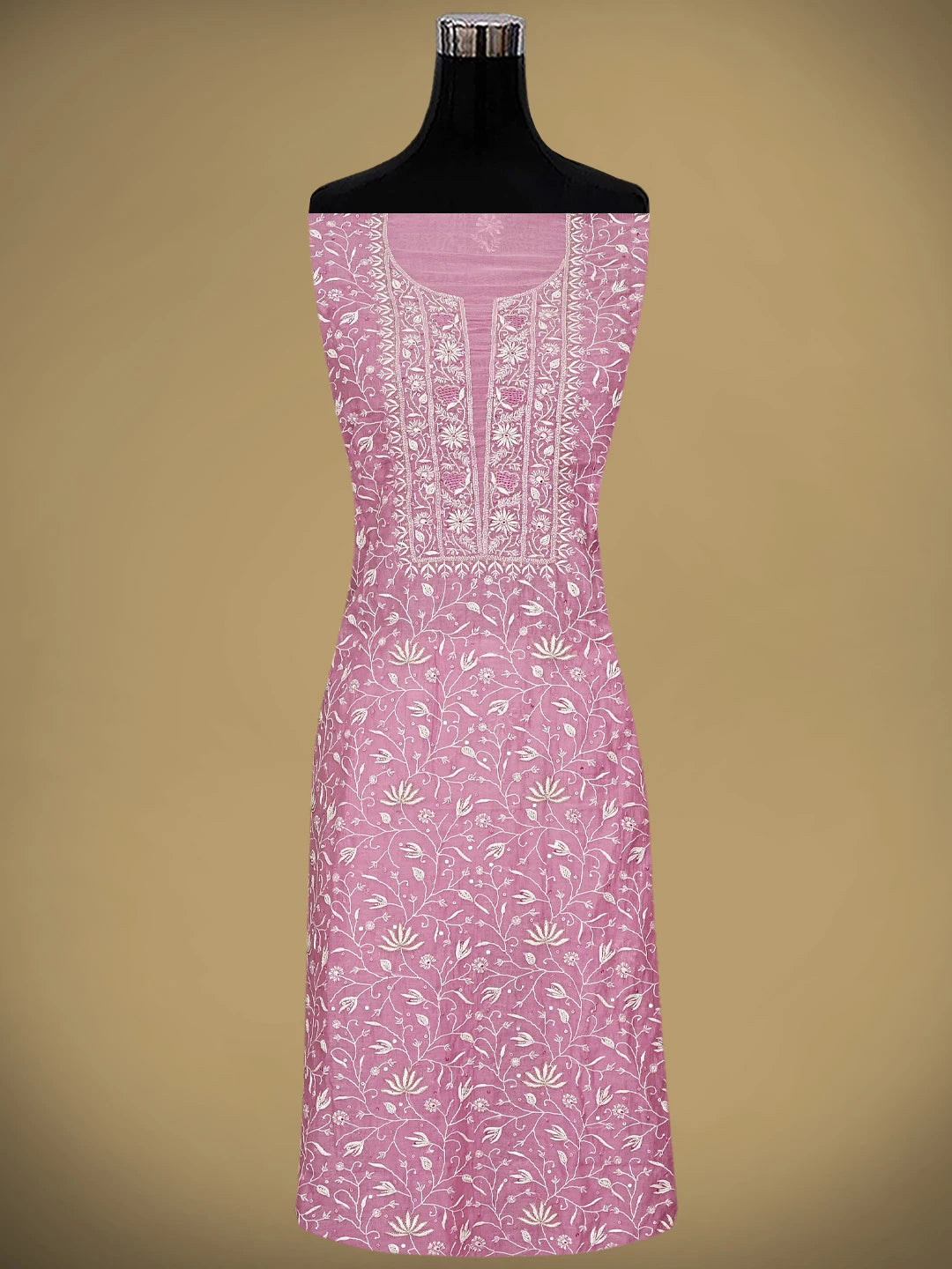 Ada Hand Embroidered Onion Pink Chanderi Lucknowi Chikankari Unstitched Kurta Dupatta Set With Cutdana Work 01A805751