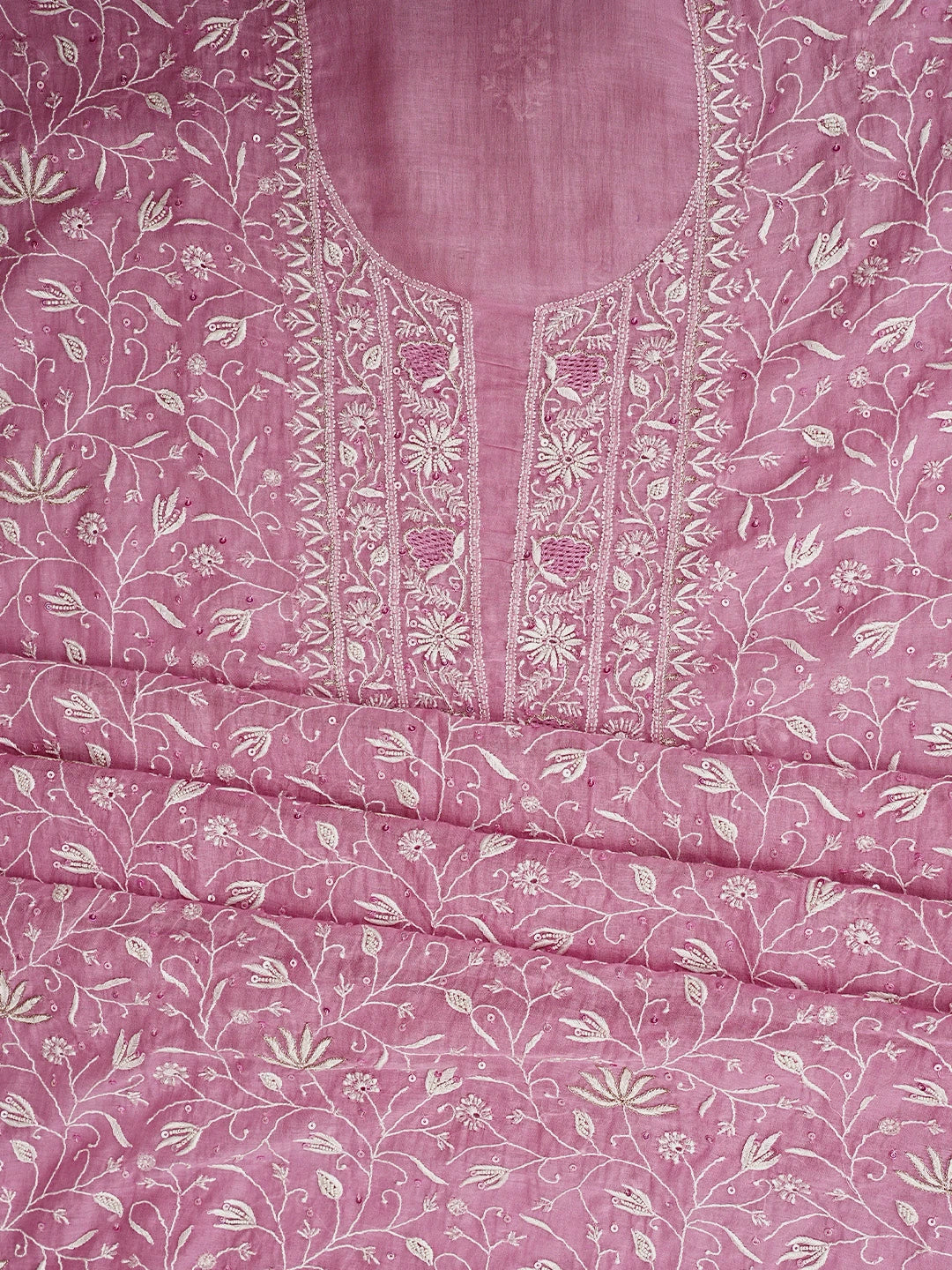 Ada Hand Embroidered Onion Pink Chanderi Lucknowi Chikankari Unstitched Kurta Dupatta Set With Cutdana Work 01A805751