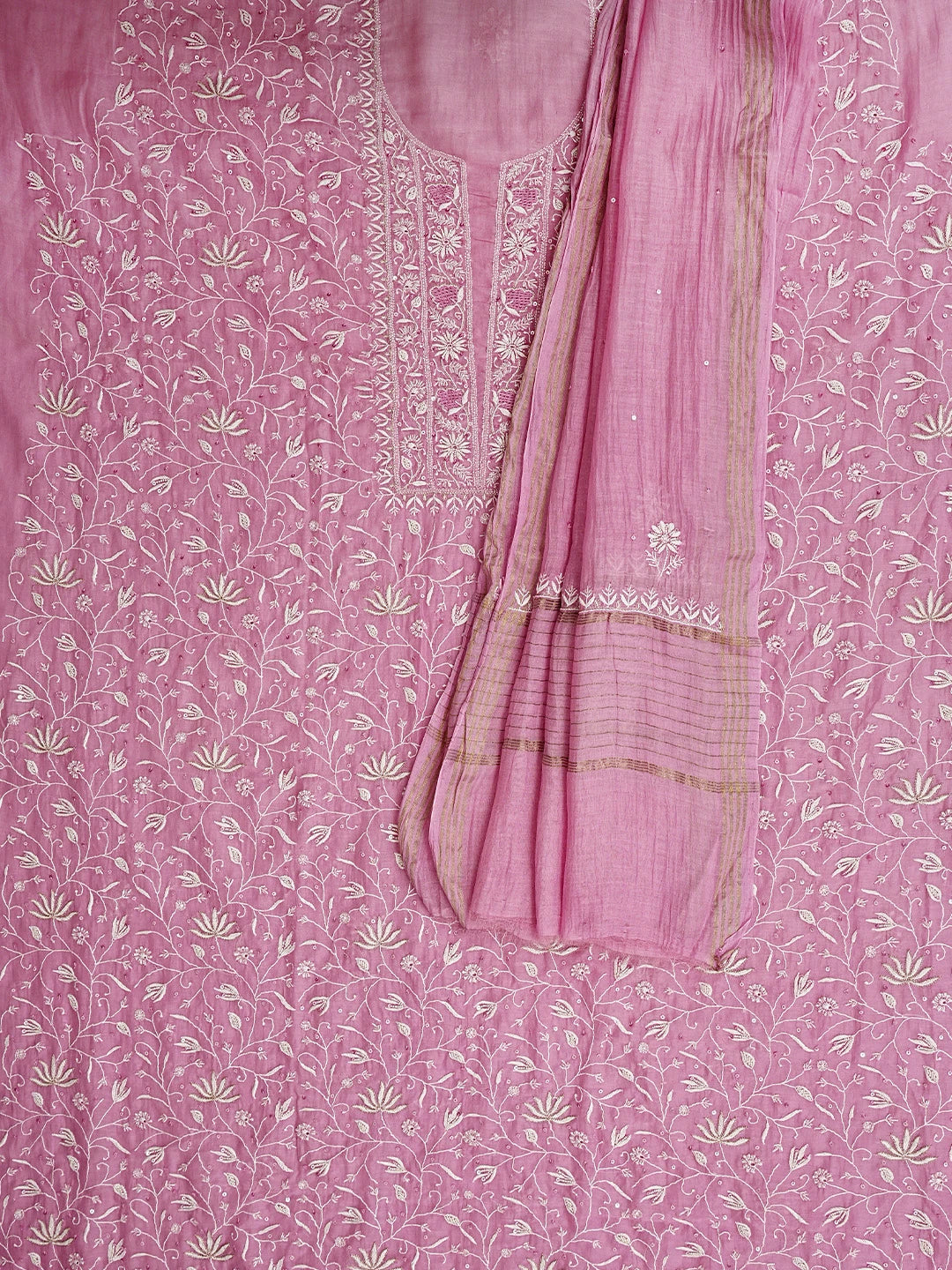 Ada Hand Embroidered Onion Pink Chanderi Lucknowi Chikankari Unstitched Kurta Dupatta Set With Cutdana Work 01A805751