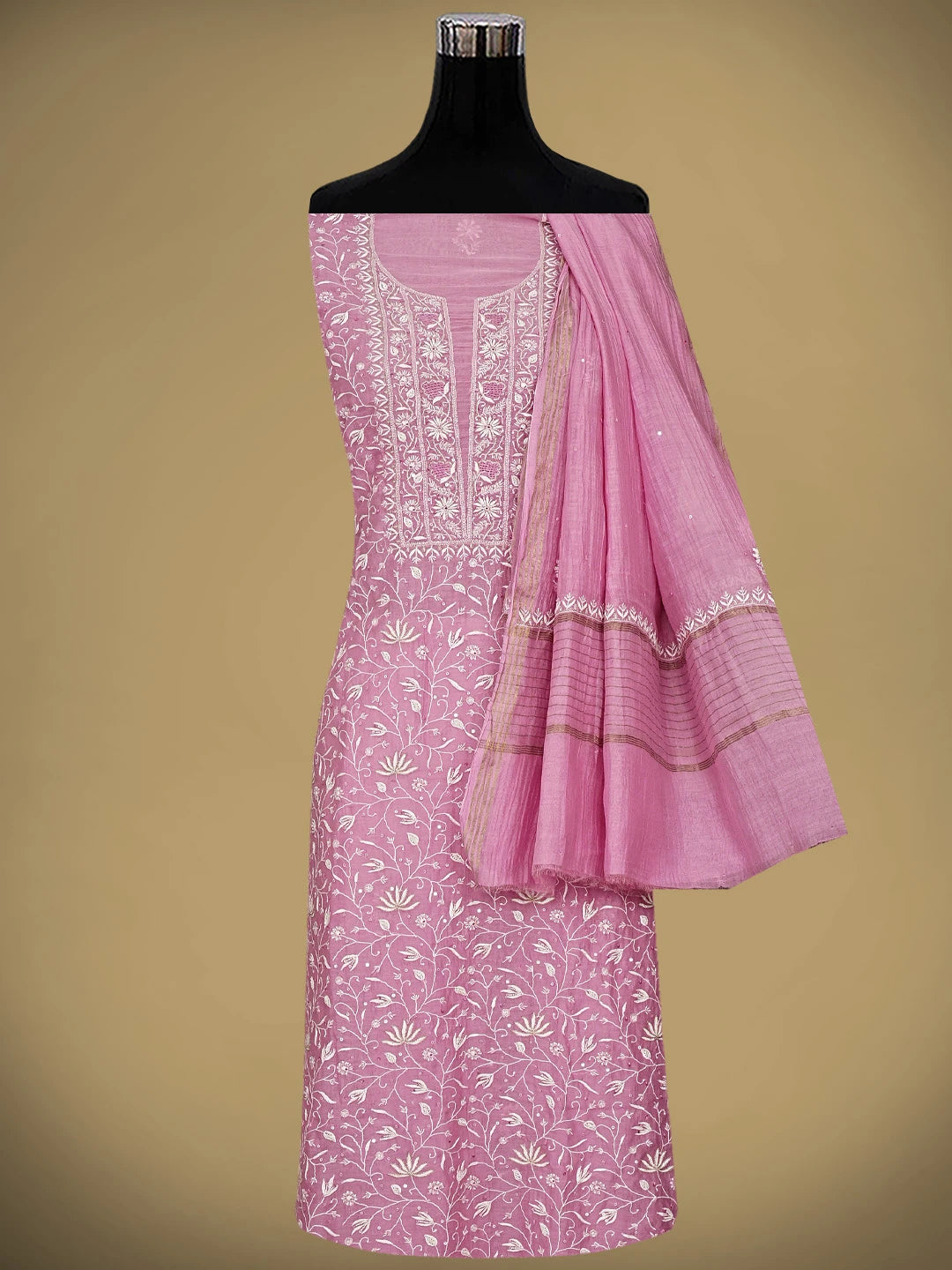 Ada Hand Embroidered Onion Pink Chanderi Lucknowi Chikankari Unstitched Kurta Dupatta Set With Cutdana Work 01A805751
