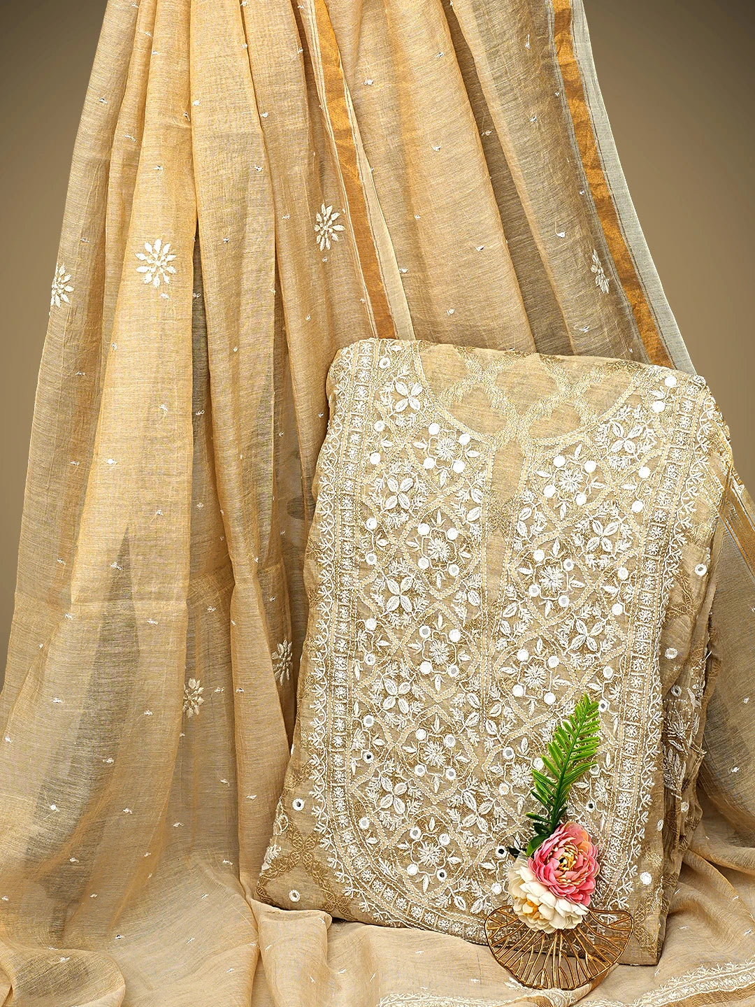 Ada Hand Embroidered Fawn Tissue lucknowi Chikankari Semi-stitched Kurta Dupatta Set With Cutdana Work 01A965083